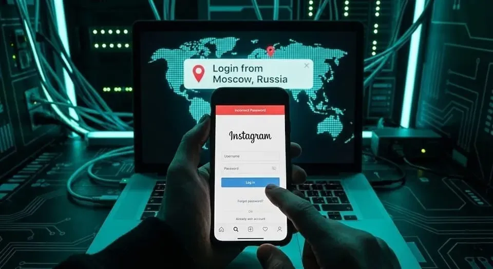 Smartphone screen showing an Instagram "Incorrect Password" error, while a background monitor displays a "Login from Moscow, Russia" security alert on a world map.