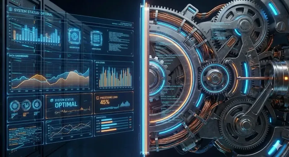 Left side, graphical system dashboard showing NGINX stats and load, on the right, complex "digital" machinery as the core.