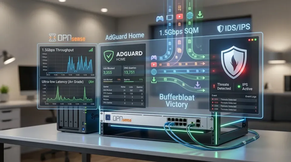 Conceptual network command center. Left display: OPNsense 1.5Gbps throughput and low latency. Right display: AdGuard Home stats and active IDS/IPS shield for threat detection.