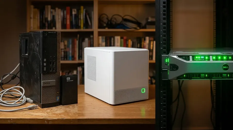 A three-part composite showing an old Dell PC, a modern white cube server, and a professional rack-mounted server with glowing green lights on a wooden desk against a bookshelf.
