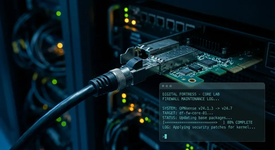 A macro shot in a dark server room shows an Ethernet cable plugged into a NIC, featuring a "Digital Fortress" maintenance log overlay with an OPNsense upgrade progress bar at 88% complete.