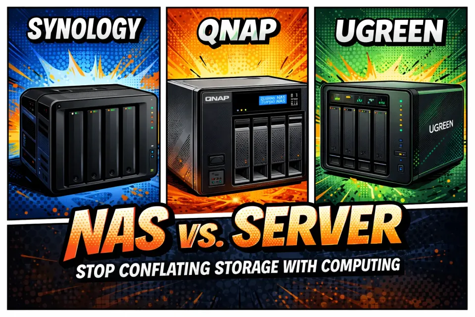 Comic-style illustration of Synology, QNAP, and UGREEN NAS units side by side, highlighting storage vs computing differences.