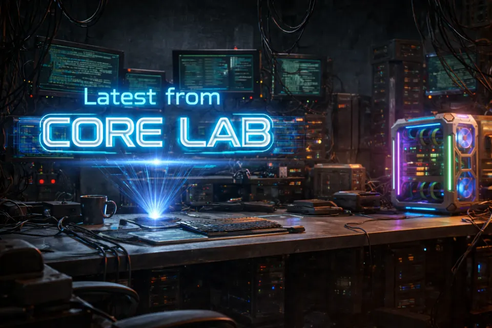 Cyberpunk digital lab, with a holograph device shooting the words "Latest from CORE LAB" above a table on the left side, on the right a powerful workstation PC sits.