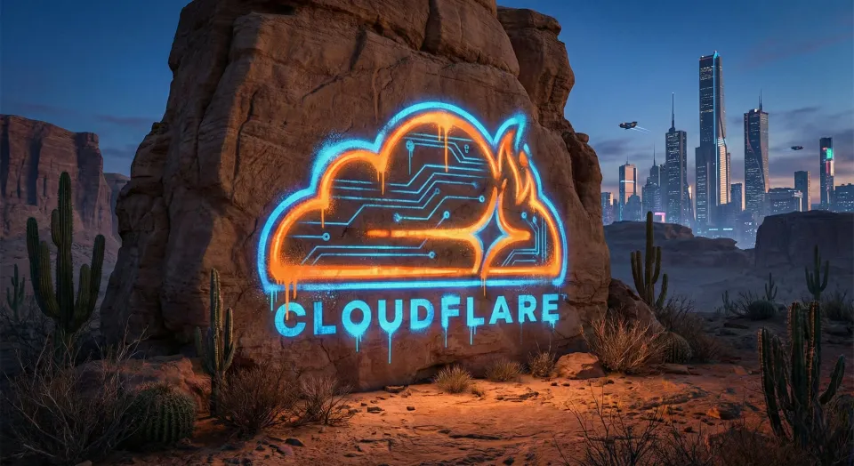 Digitized image of the Cloudflare logo spray-painted onto a rock outcropping, in the background there's a large cityscape, somewhat futuristic.