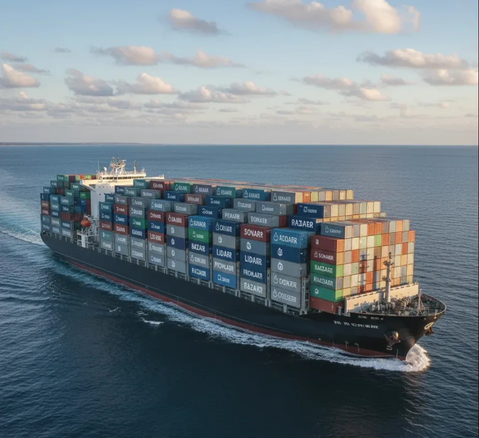 Ocean sea-faring container ship loaded with many sea containers but with labels on them of popular docker images.