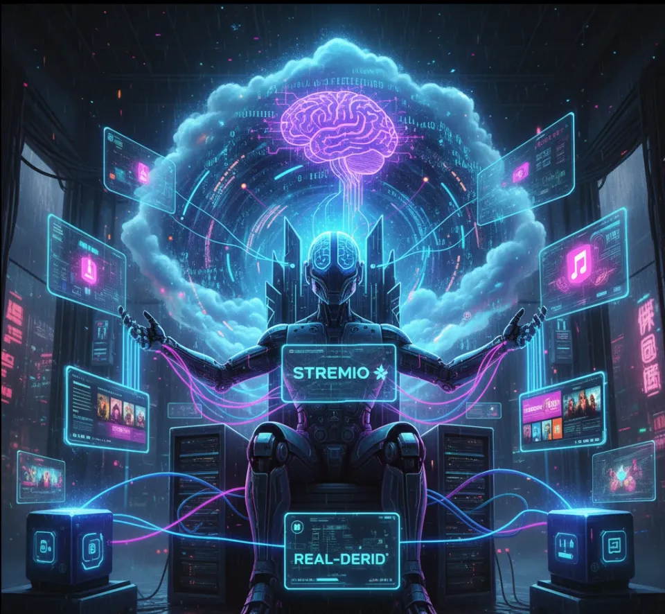AI Generated image of an AI robot controlling streams and services in a "cyber cloud" for Stremio & Read Debrid.