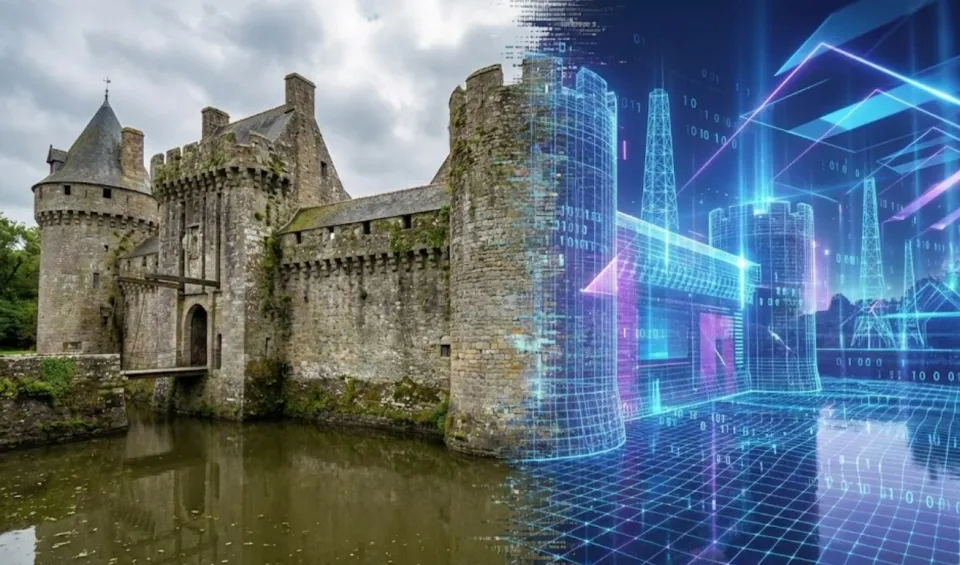 A picture showing on the left side a real castle, and on the right it's being 'digitized' and in cyberspace with blue and purple accents and grids.