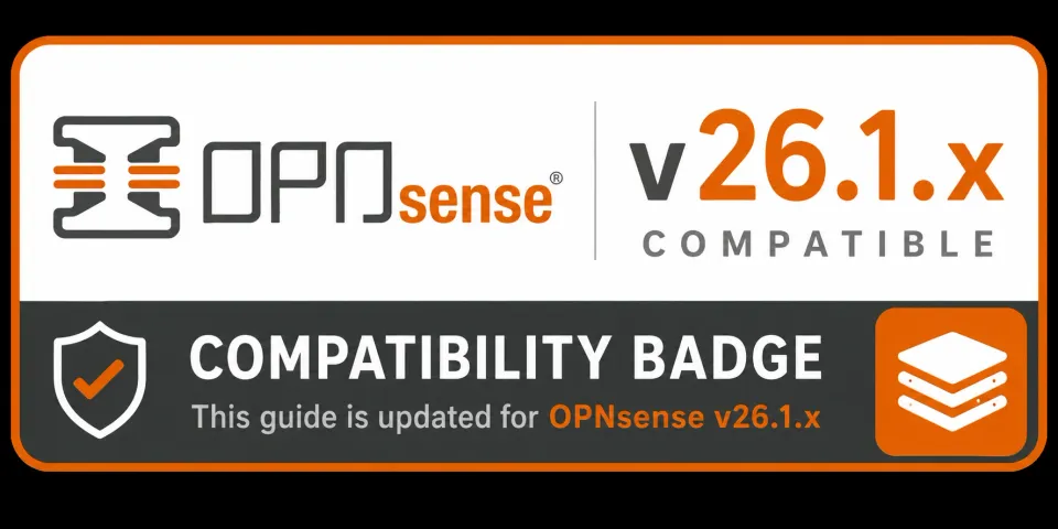 Iconographic image showing OPNsense logo and stating this guide has been updated & compatible with v26.x of OPNsense.