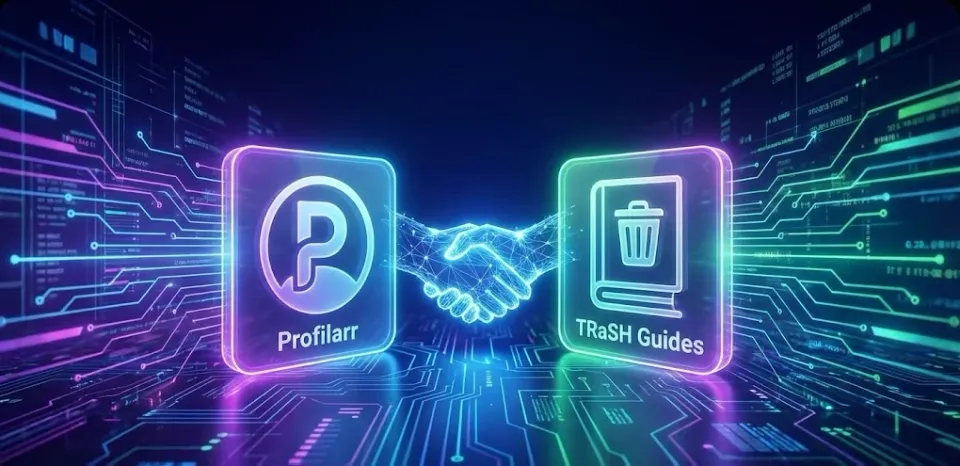 Digitized background featuring the icons from Profilarr and TRASH, shaking hands.