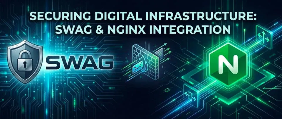 Banner titled Securing Digital Infrastructure featuring SWAG and NGINX logos with a firewall shield icon on a digital circuit background.