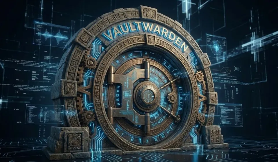 Digitized ancient aztec vault stylized door with the word "Vaultwarden" inscribed at the top.