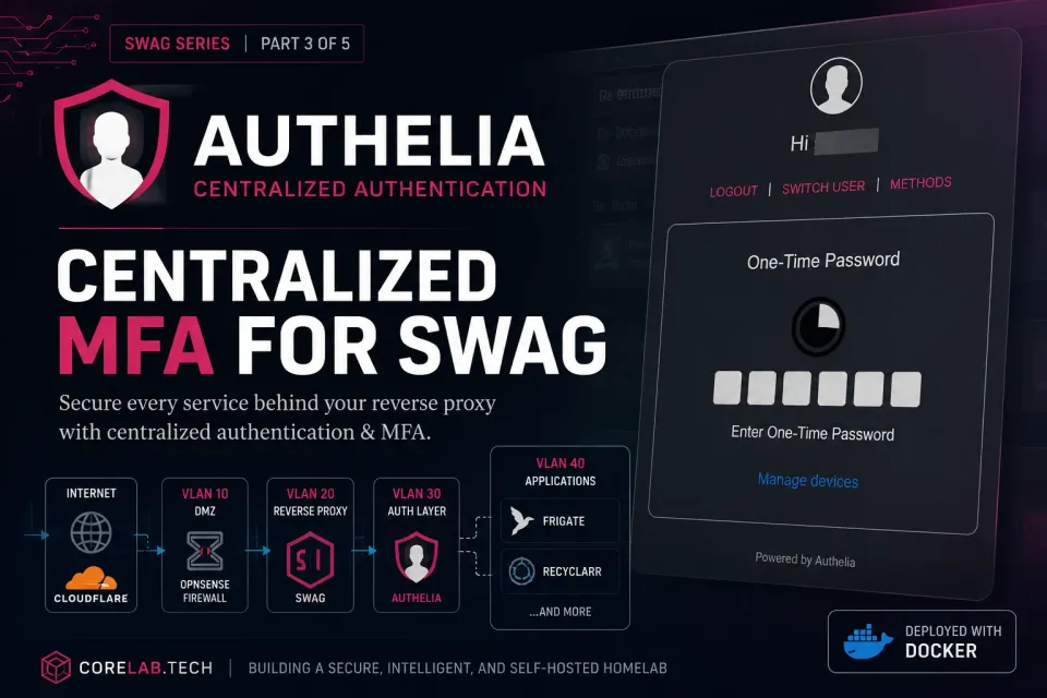 Illustration of the Authelia logo beside a one-time password (OTP) login screen, representing centralized multi-factor authentication protecting self-hosted apps behind a SWAG reverse proxy.