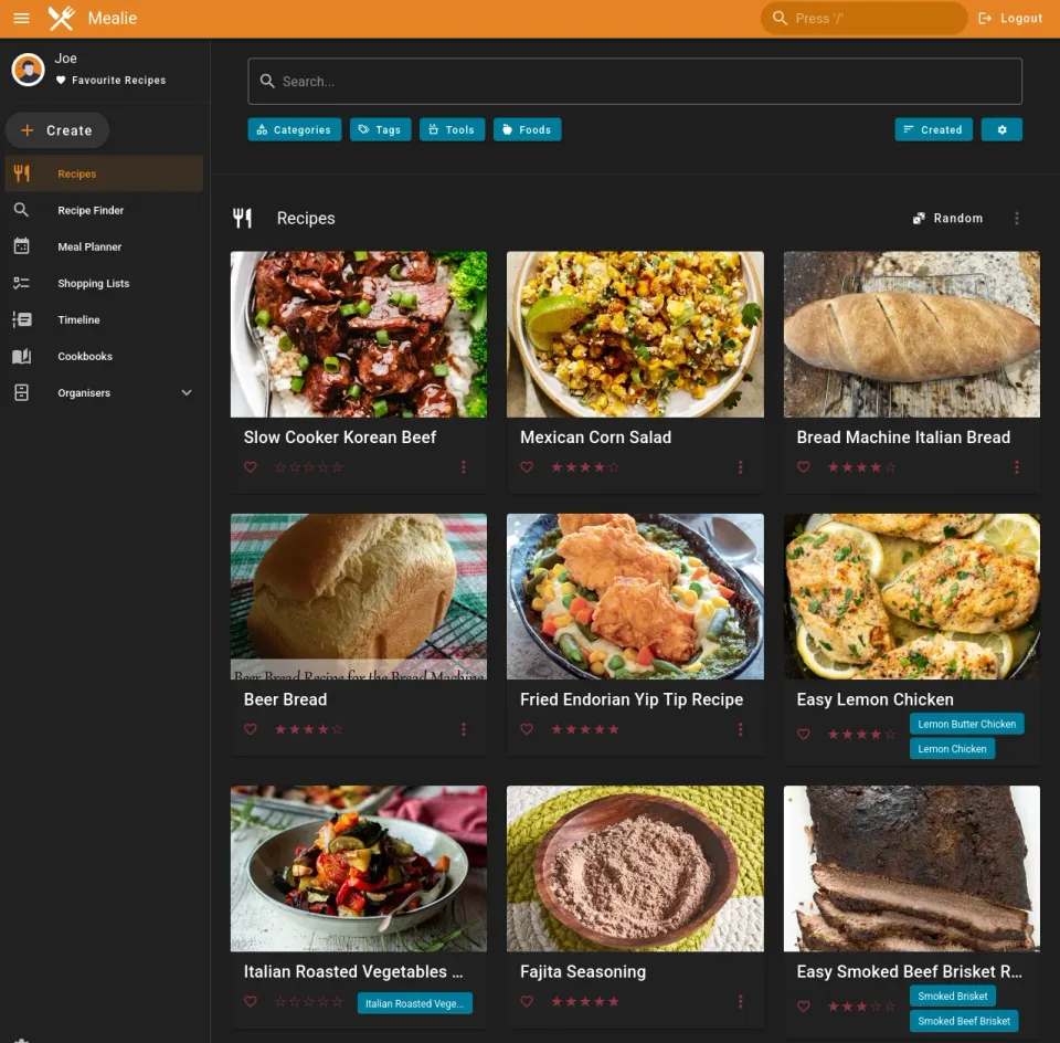 A screenshot of the Mealie app, showing various recipes and a logged in user (me, Joe).